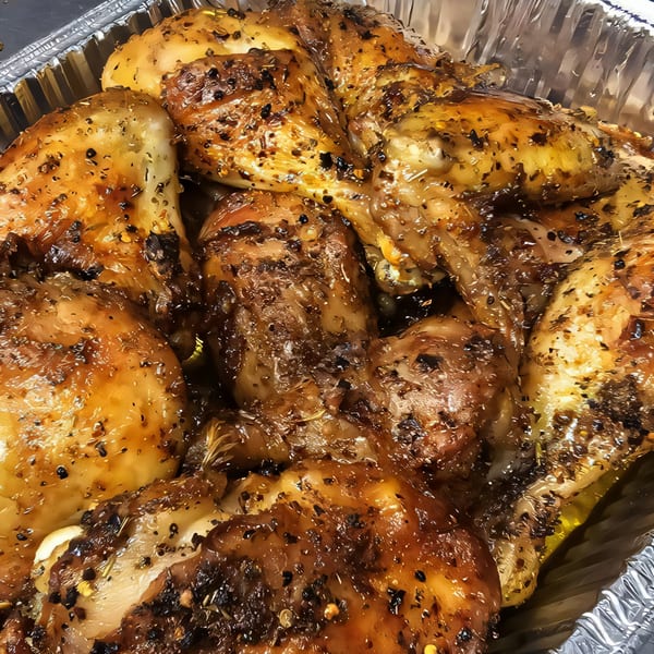 Close-up of golden-brown roasted chicken pieces, seasoned with herbs and spices, in a foil pan.